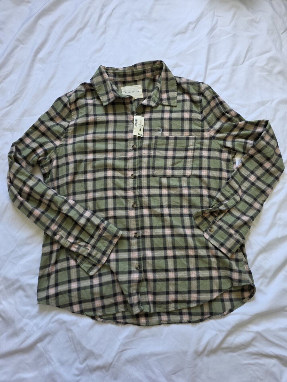 Aeropostal Flannel Womans XL Button Up Green And Pink Long Sleve, Grunge Emo